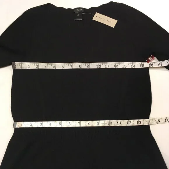 NWT Ann Taylor Black Short Sleeve Sweater w/Ribbed Boat Neck & Waist Detail Sz M - Picture 7 of 9